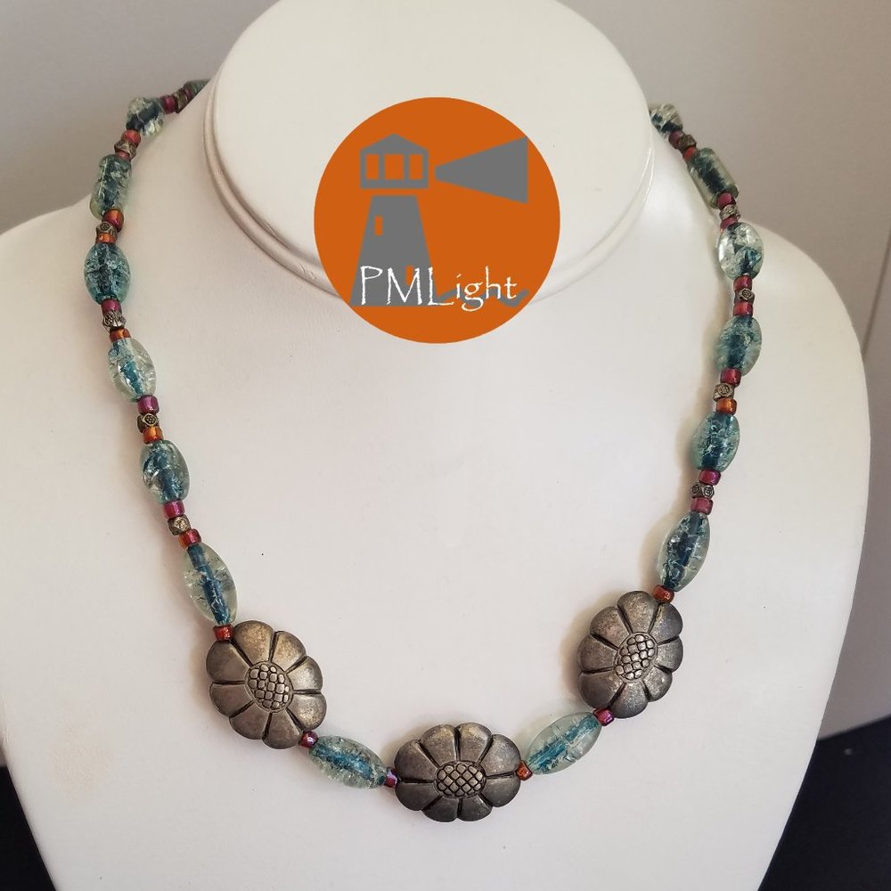 Beaded Silver Sunflower Necklace Blue Brown
